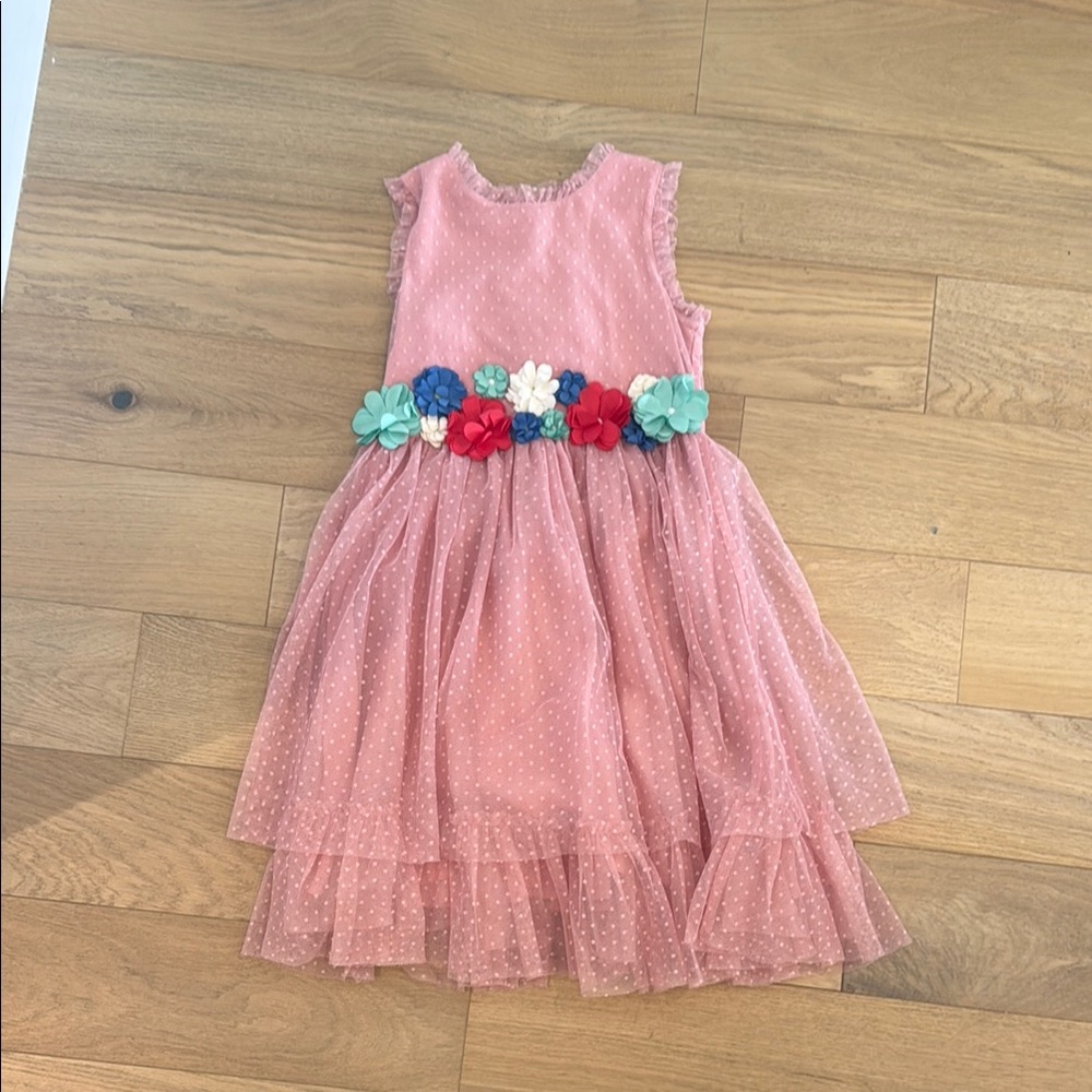 Mini Boden Pink Tulle Dress with Floral Belt detail EUC